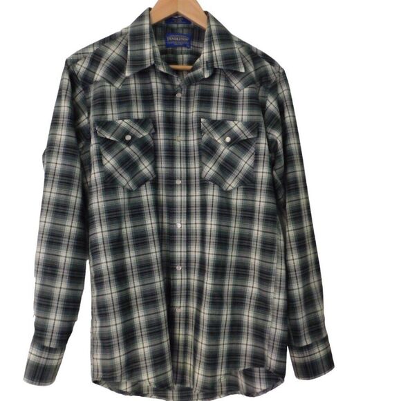 Vintage 1990s Pendleton Mens Wool Shadow Tartan Plaid Pearl Snap Shirt Sz Small - Picture 1 of 7